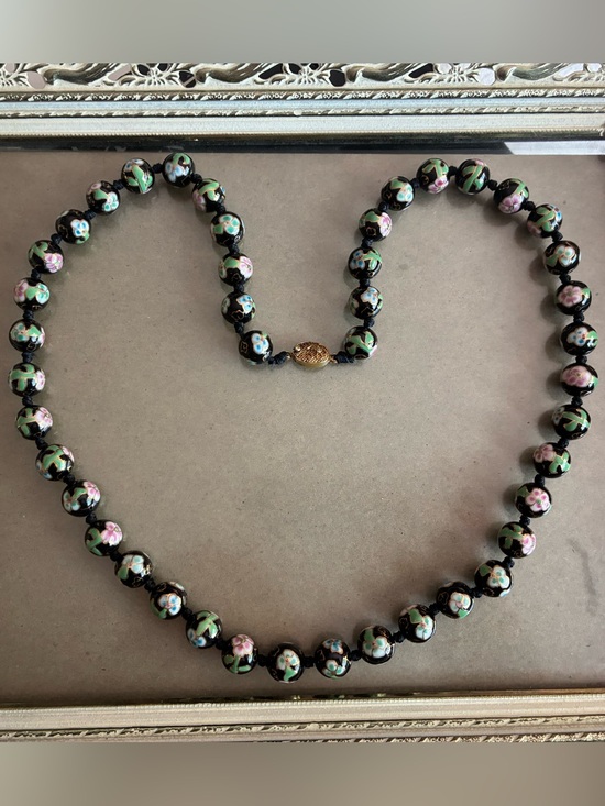 Vintage Jewelry - Vintage 1940’s Cloisonné Floral Bead Necklace in Black with Pink & Green Accents